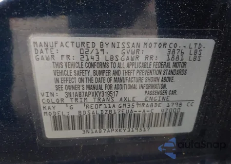 2019 Nissan Sentra Sv из США, поврежденный, VIN 3N1AB7APXKY319517